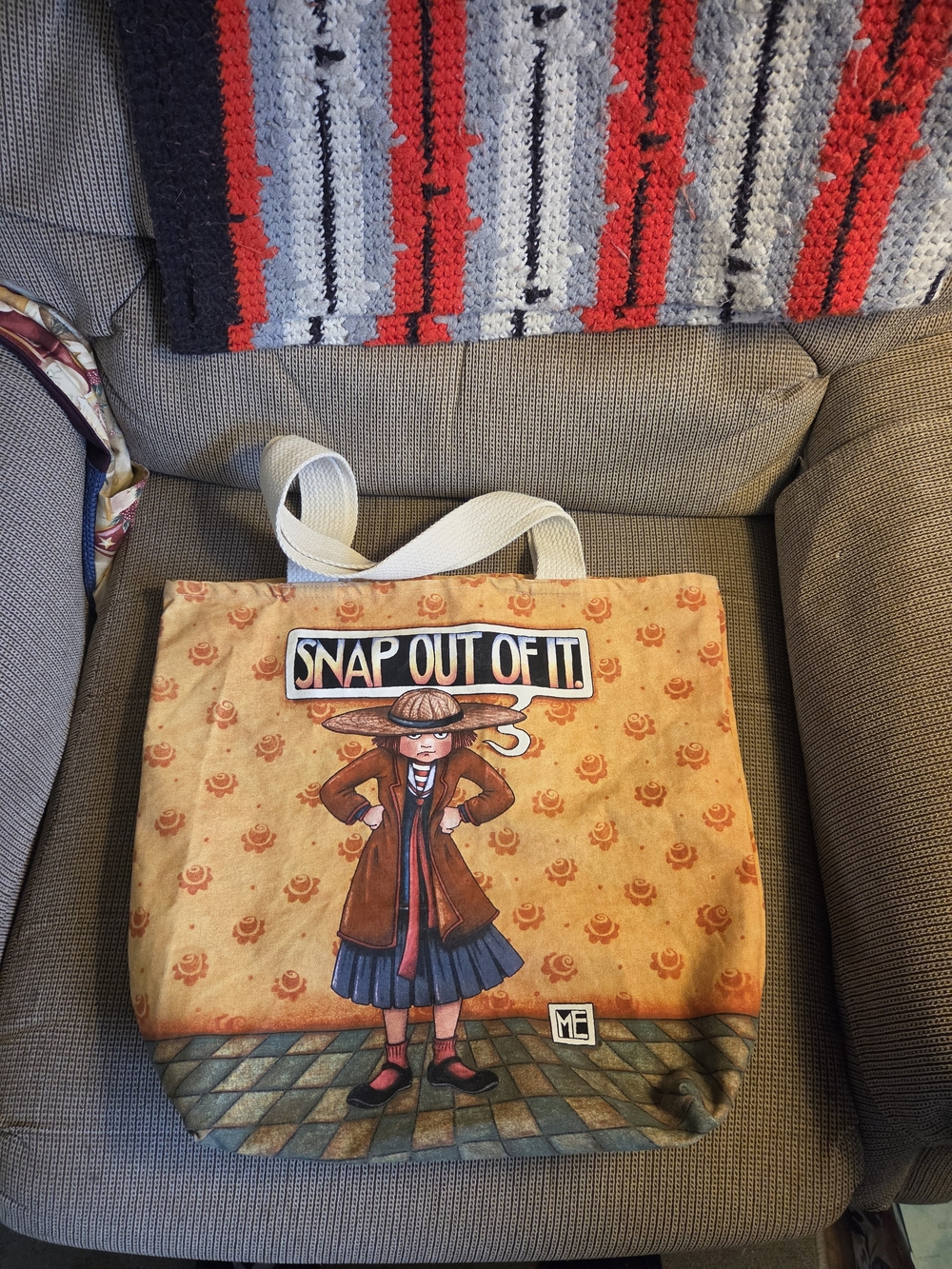 Snap Out Of It Graphic Beige Canvas Tote Bag Mary ENGLRBRIET